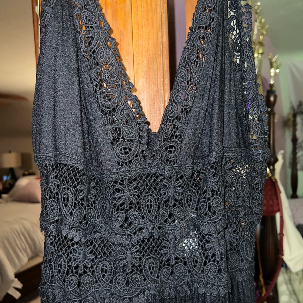 Long black maxi dress with lace and adjustable straps